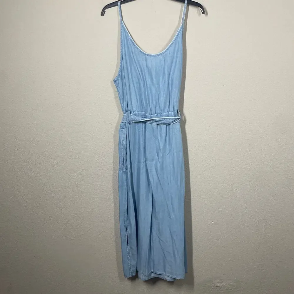 Cloth & Stone XL Surplice Chambray Midi Dress Light Blue Denim Belted Sleeveless - Picture 8 of 9